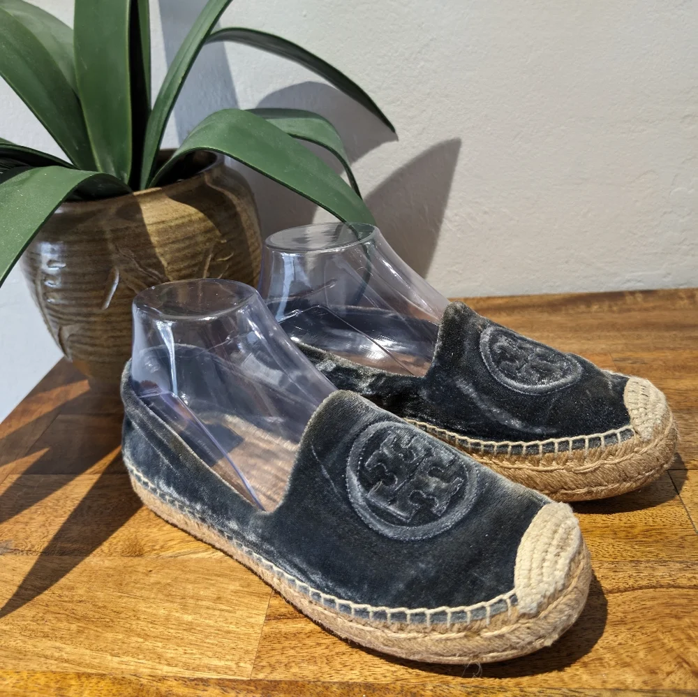 Tory Burch Women's Size 8 Velvet Platform‎ Espadrille Black Rare Harbor Slip On